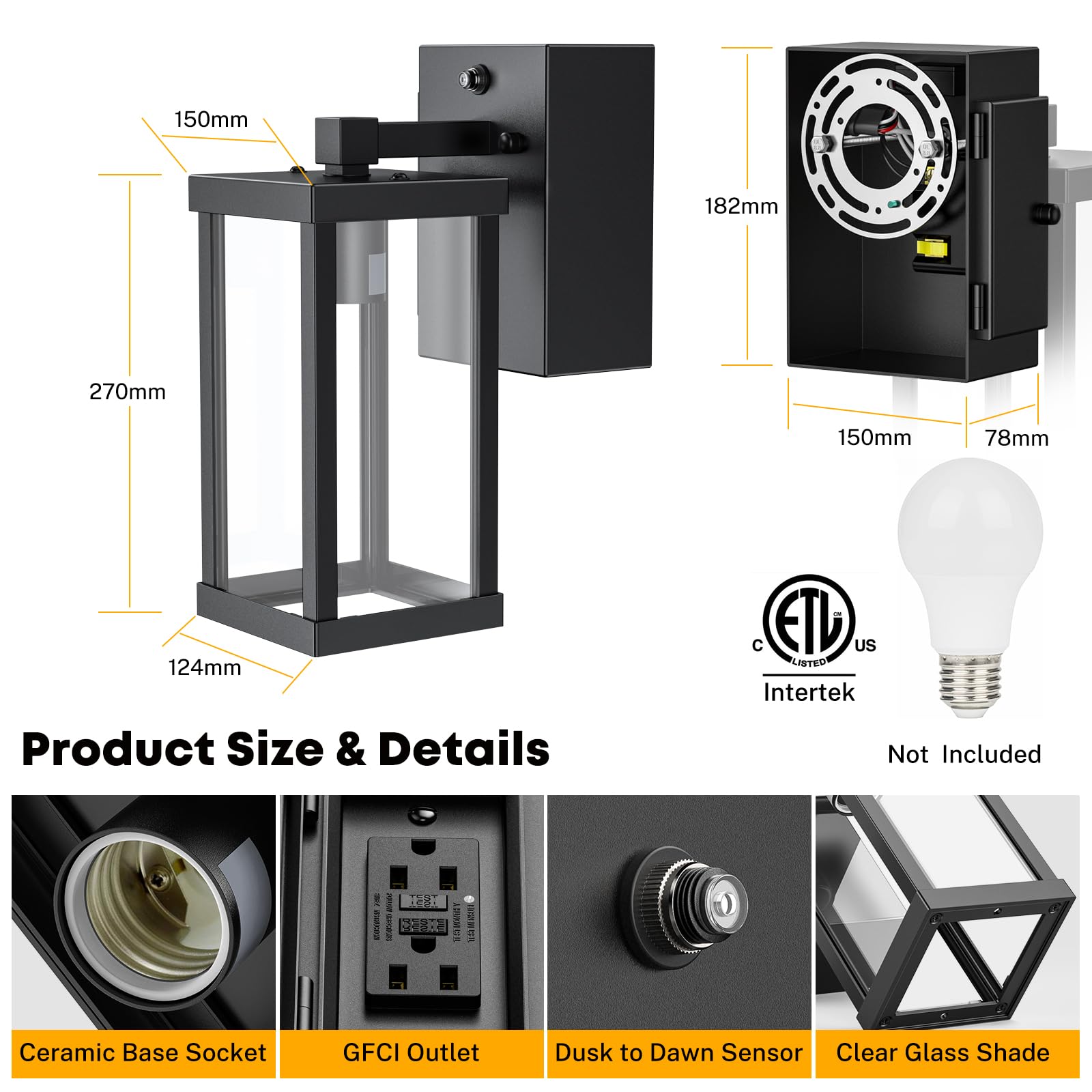 NookNova outdoor wall sconce with dual GFCI outlets for safe power.