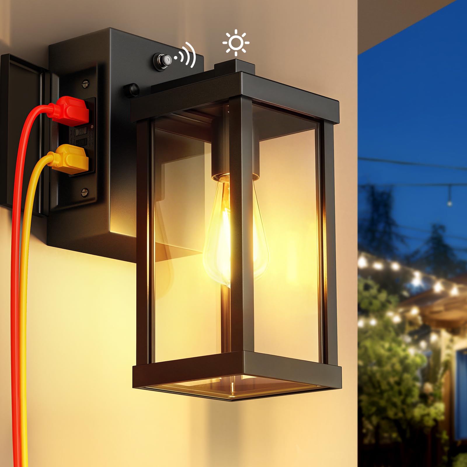 NookNova porch light with outlet and dusk-to-dawn sensor for exterior illumination.