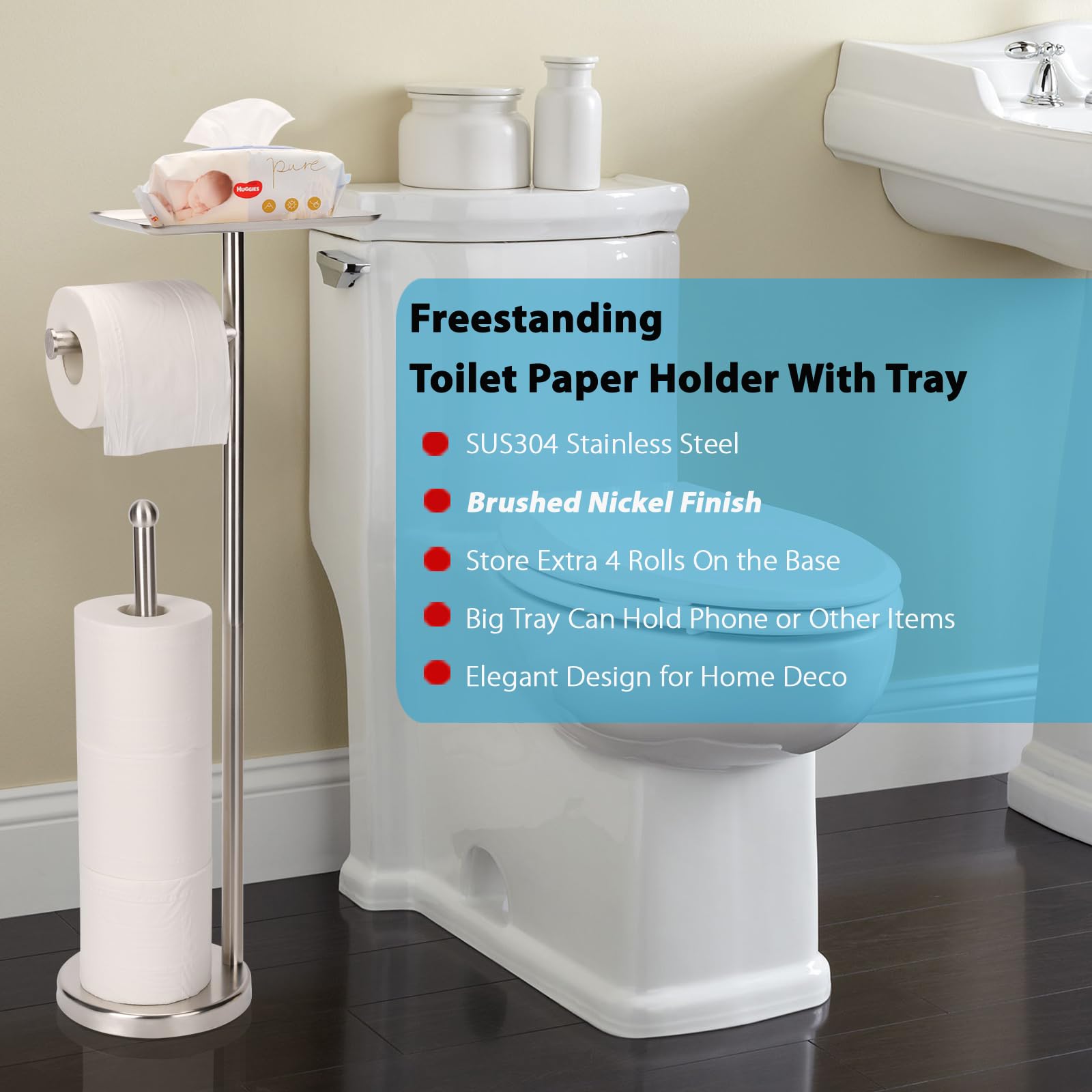 Noonext freestanding toilet paper stand in brushed nickel placed in bathroom