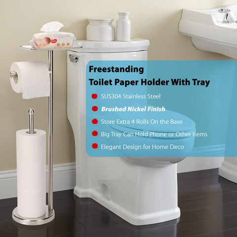 Noonext freestanding toilet paper stand in brushed nickel placed in bathroom