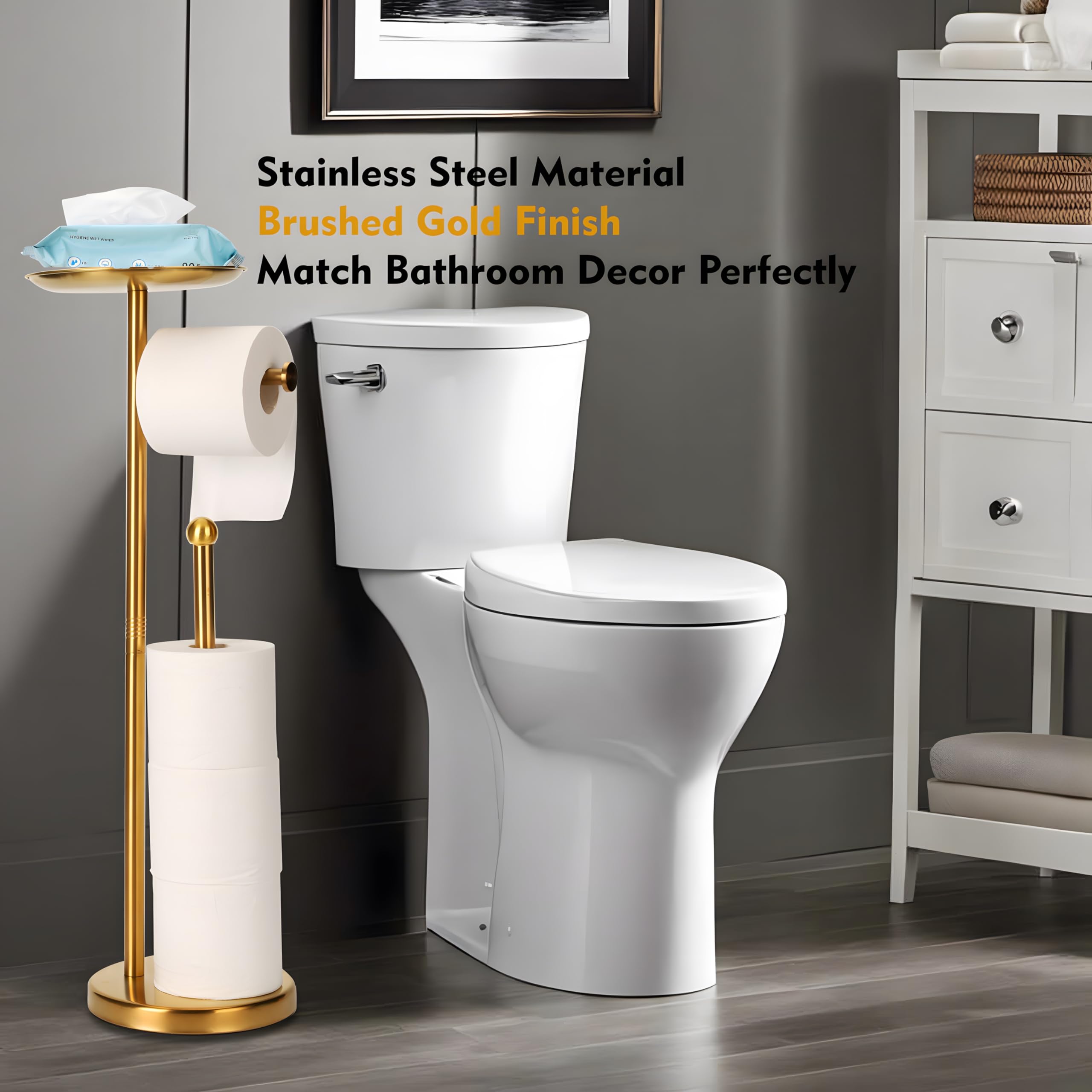 Noonext 26-inch tall freestanding holder sits neatly beside the sink for easy reach.
