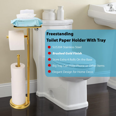 Noonext Gold toilet paper holder stand four-roll base keeps extra rolls neatly organized.