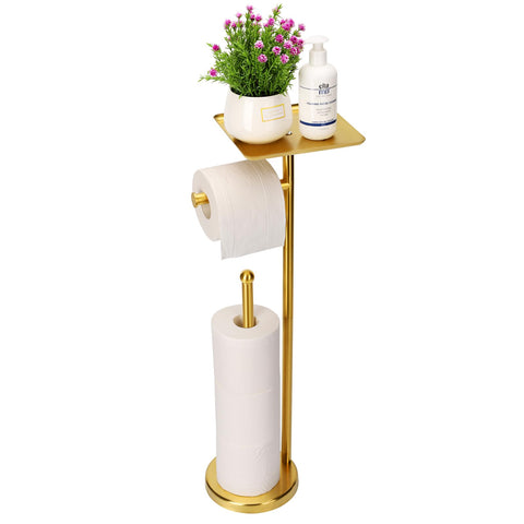 Noonext Gold toilet paper holder stand with tray top stores phone and small items.