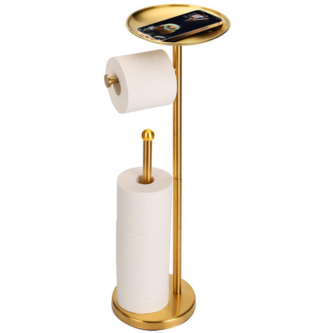 Noonext gold toilet paper holder with shelf shows a sleek brushed gold finish in a modern bathroom.