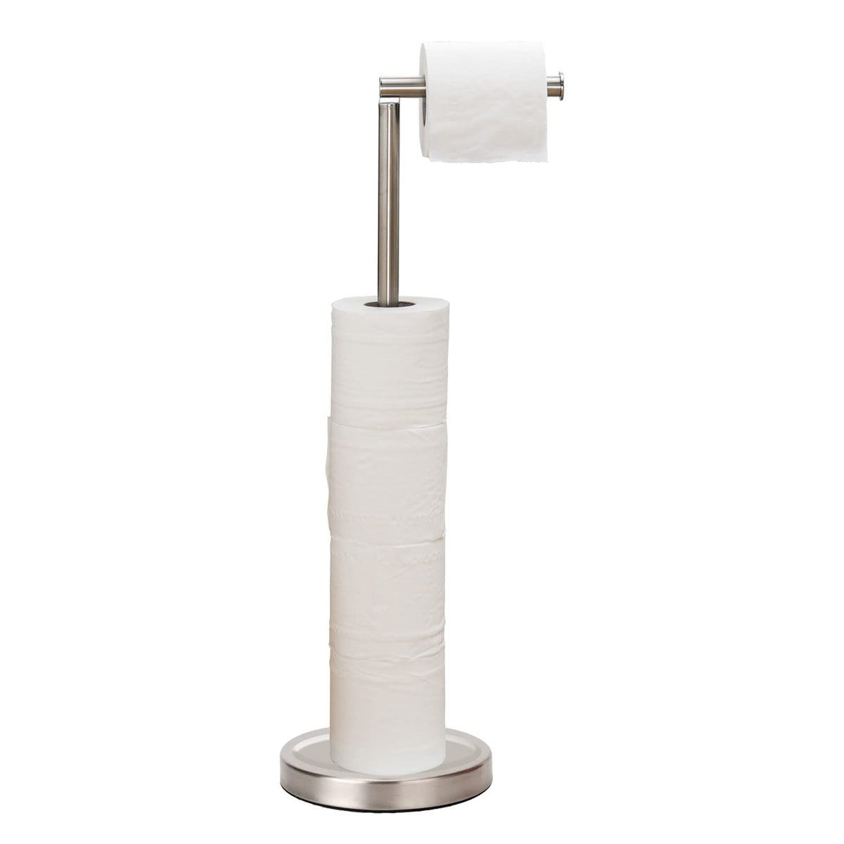 Noonext four-roll freestanding toilet paper holder in brushed nickel keeps extra rolls within easy reach.