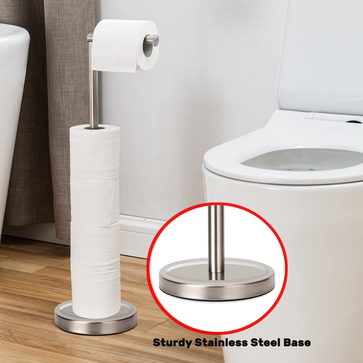 Noonext freestanding toilet paper holder stands 24 inches for convenient reach.