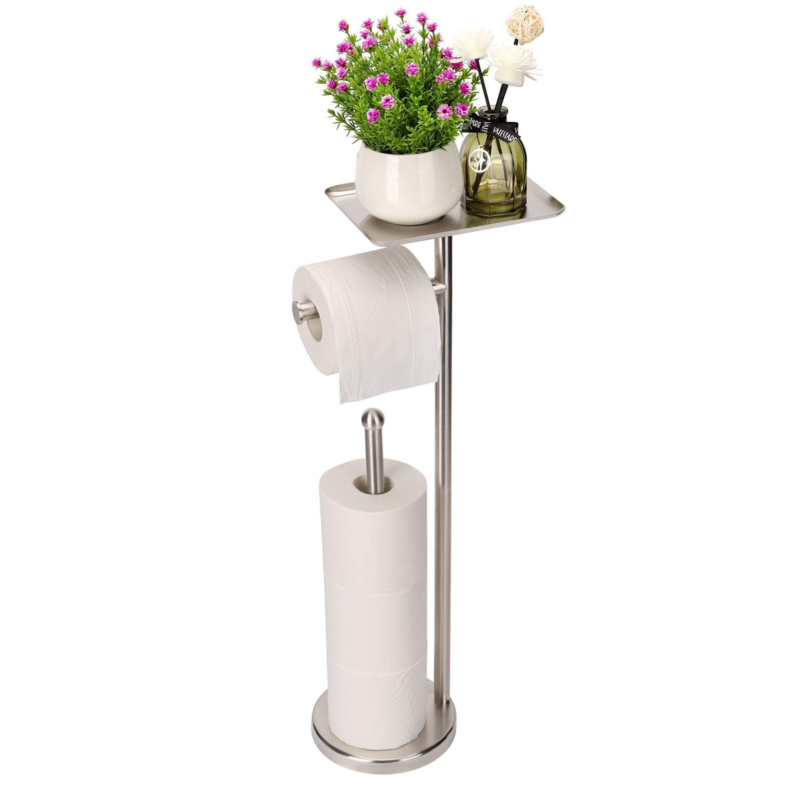 Noonext toilet paper holder with shelf and tray in brushed nickel, top tray for small items