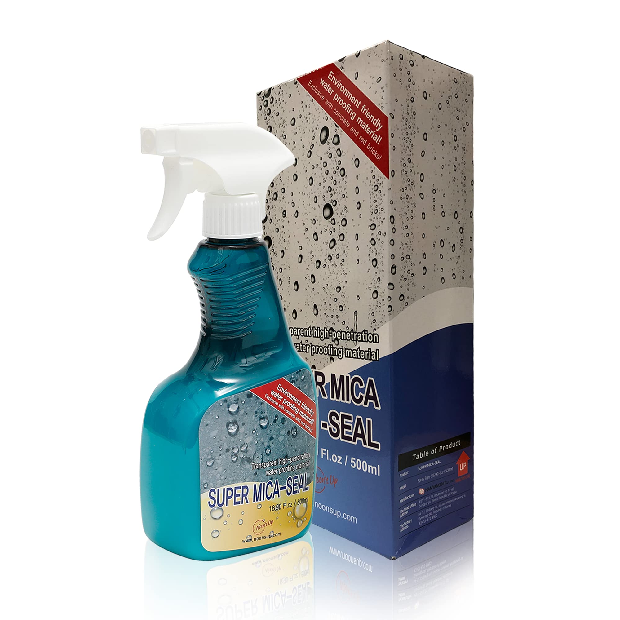 NOON'S UP Super Mica-Seal bottle label highlighting waterproofing