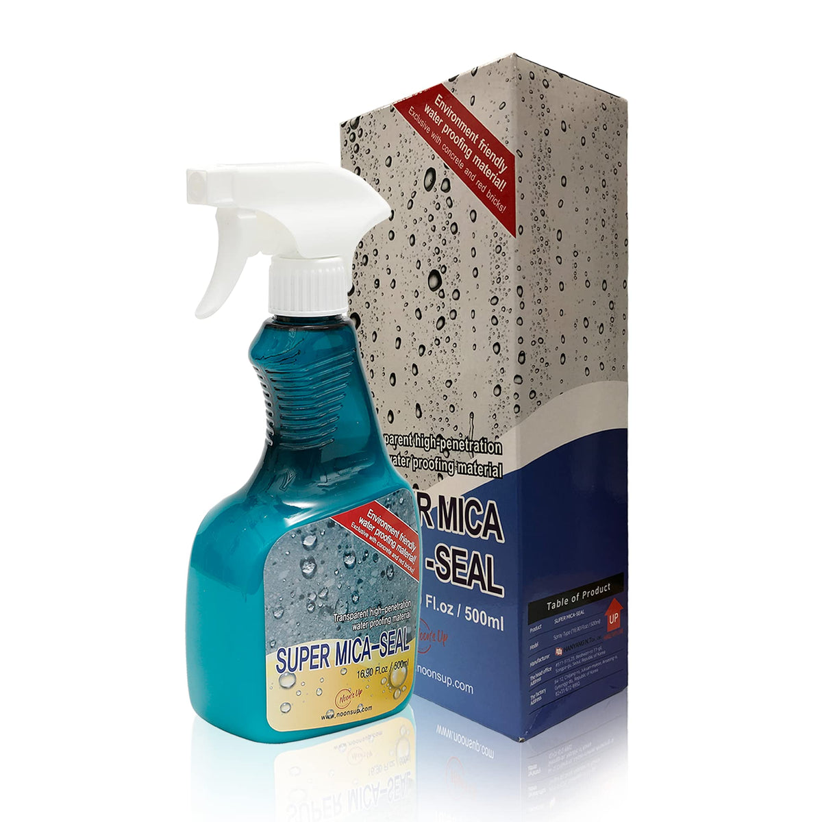 NOON'S UP Super Mica-Seal bottle label highlighting waterproofing