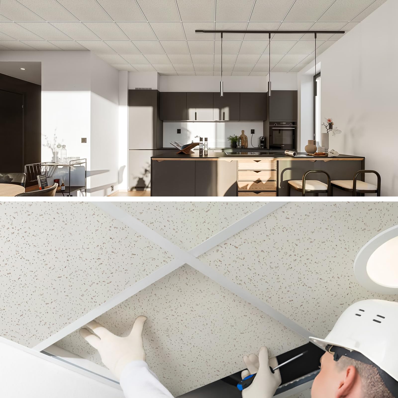 Noooza drop ceiling tile shown in a 15/16-inch grid for quick DIY installation.