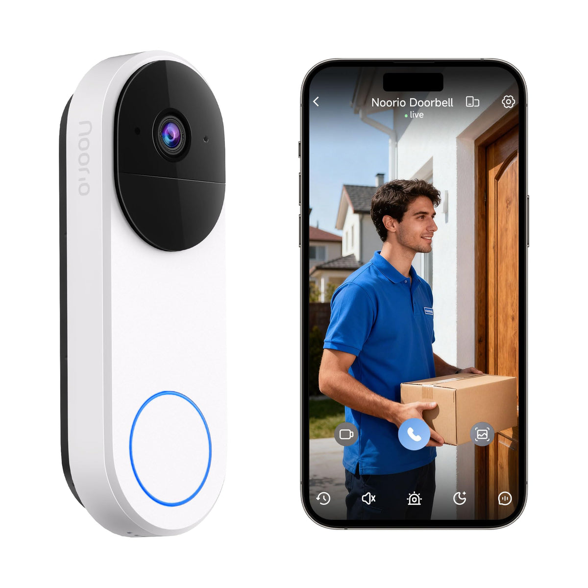 Noorio D110 front view with battery power for year-round front door security.