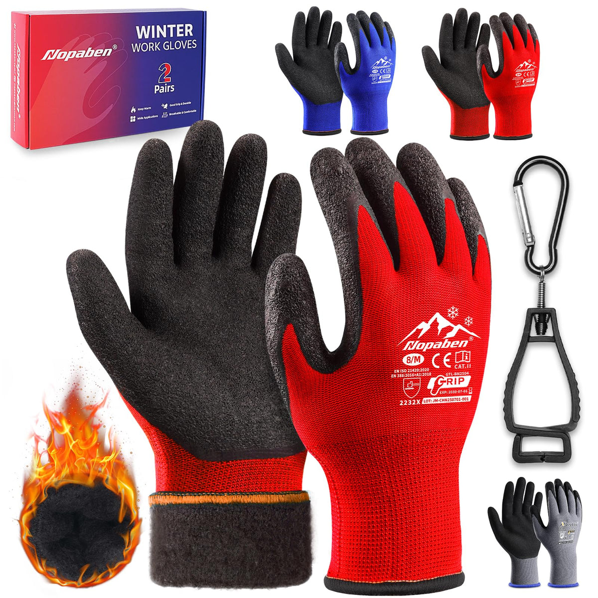 Nopaben winter work gloves for men with grip shown on a snow-covered shovel.
