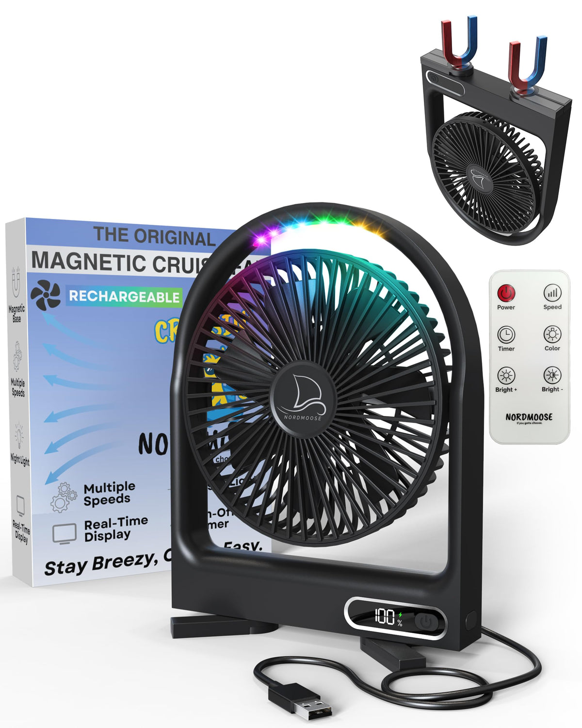 Nordmoose magnetic cruise fan base attachment securely mounts to cabin walls or ceilings for space-saving cooling.