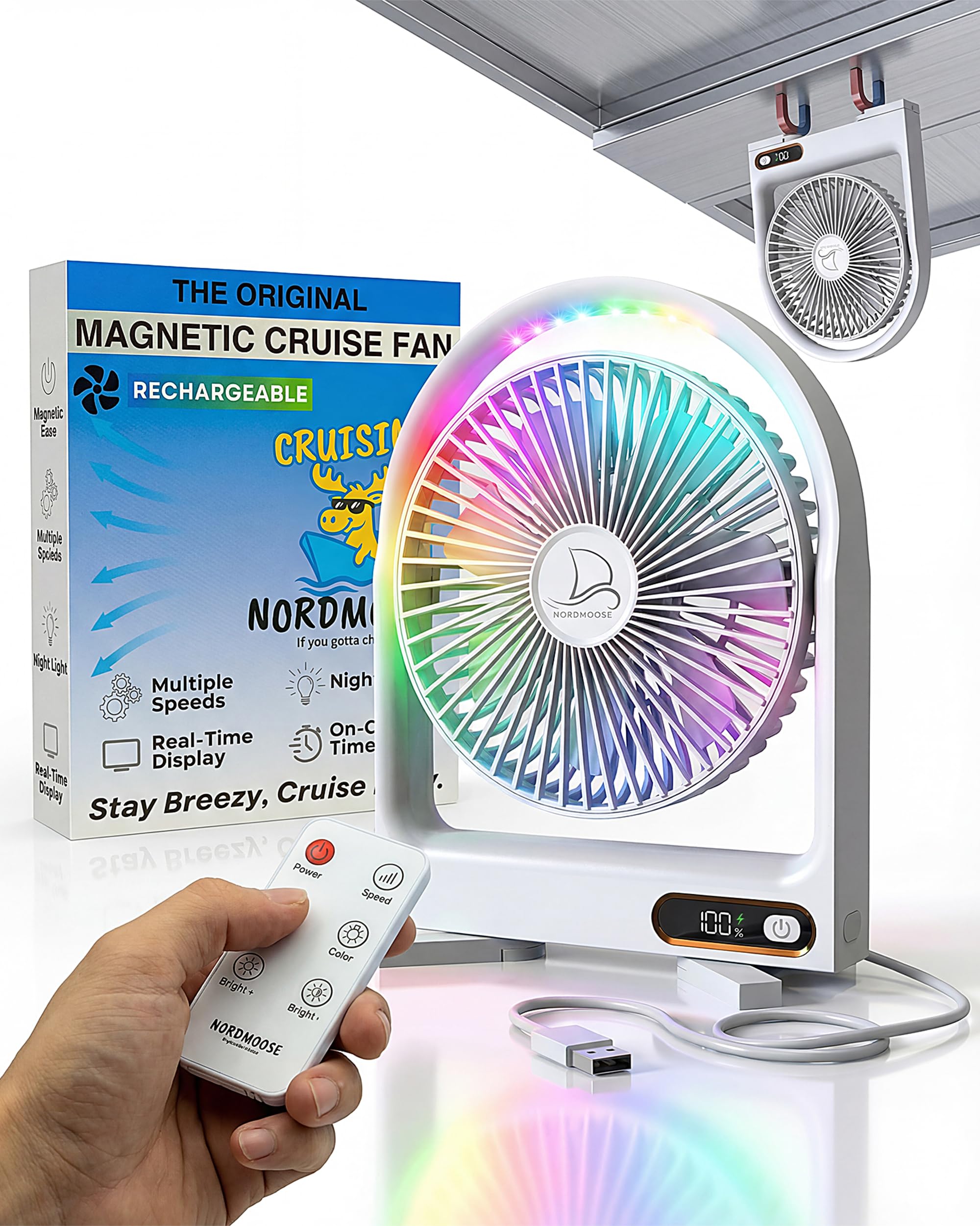 Nordmoose magnetic fan mounted on cabin wall for space-saving cooling