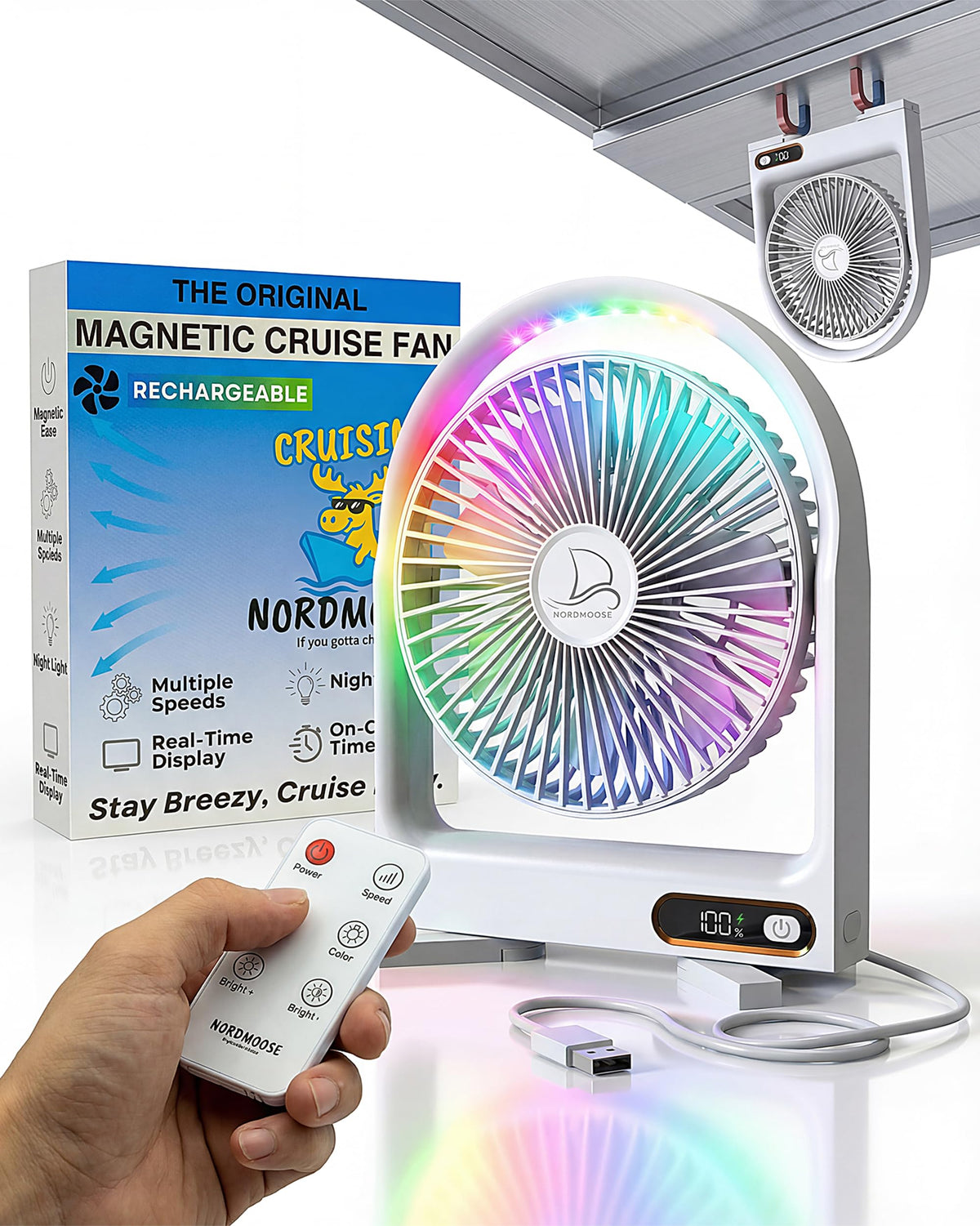 Nordmoose magnetic fan mounted on cabin wall for space-saving cooling
