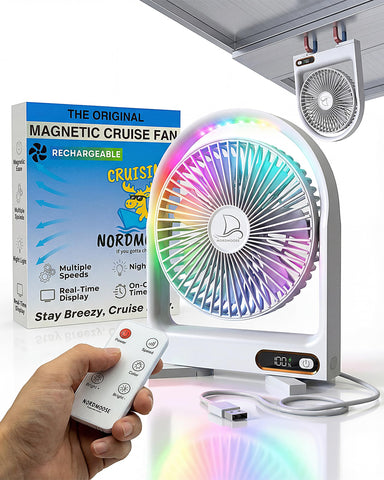 Nordmoose magnetic fan mounted on cabin wall for space-saving cooling