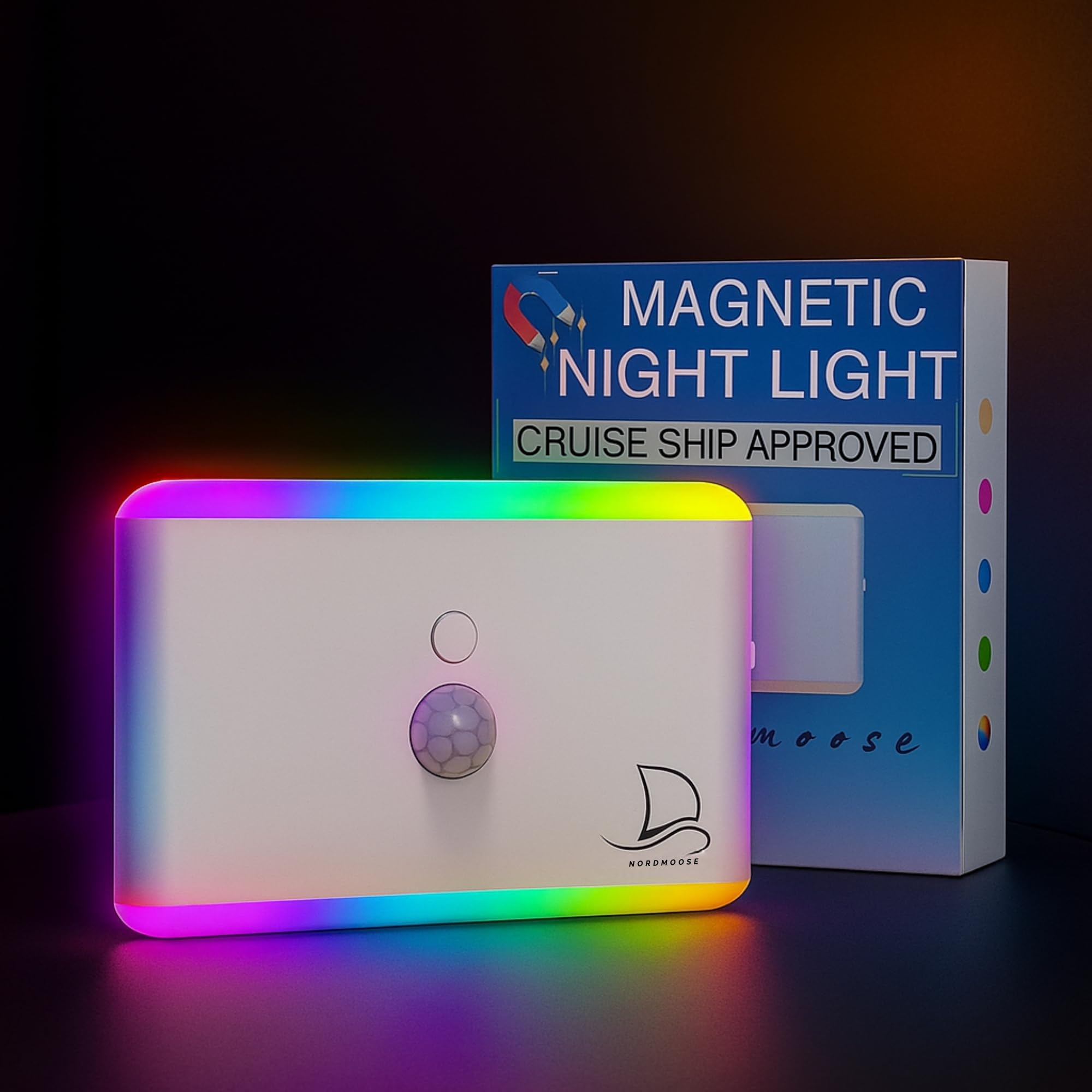 Nordmoose night light attached magnetically to cruise cabin wall for convenient lighting