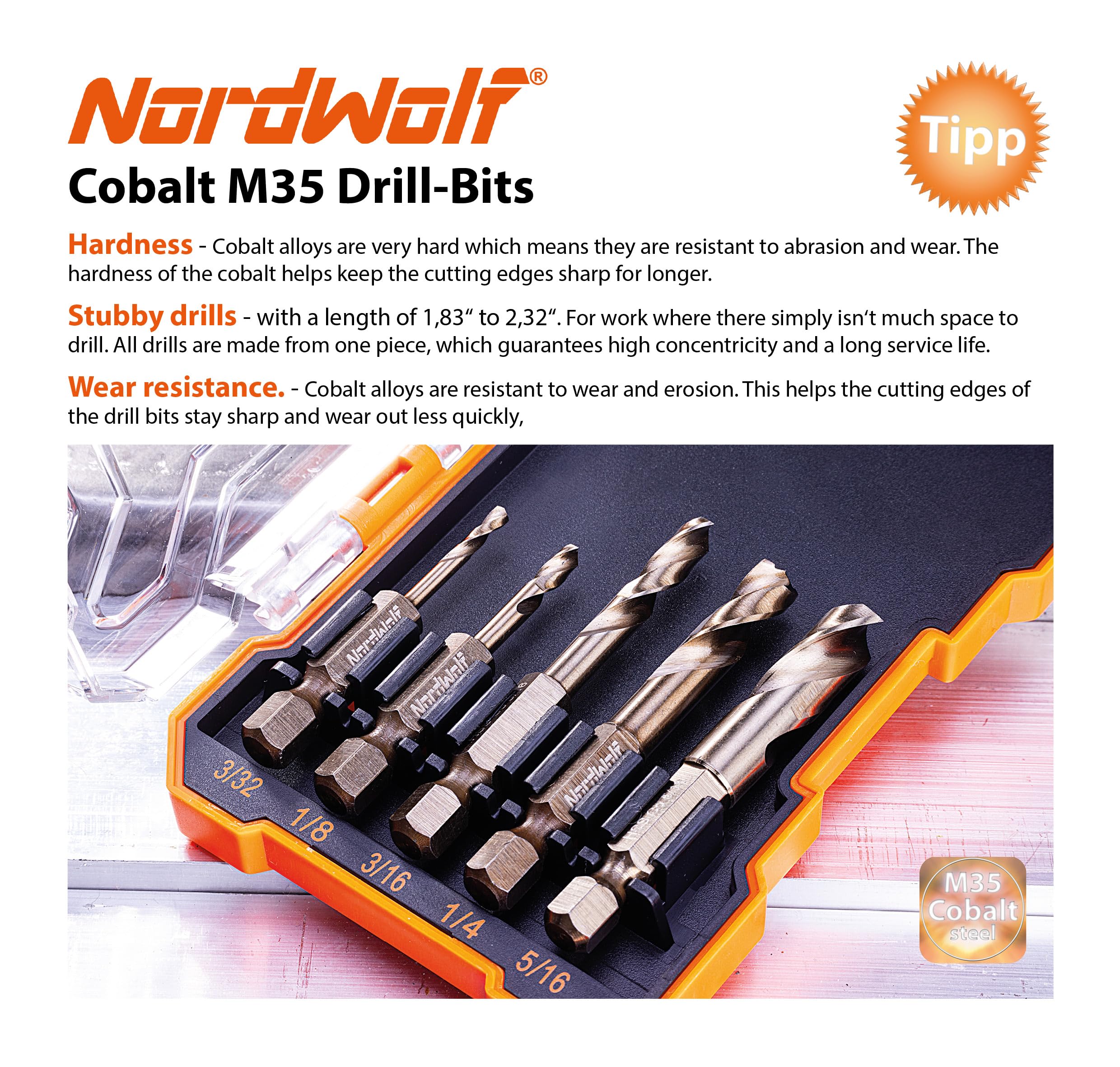NordWolf M35 cobalt stubby bit in use on metal for durability demonstration