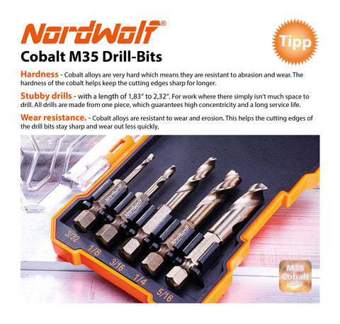 NordWolf M35 cobalt stubby bit in use on metal for durability demonstration