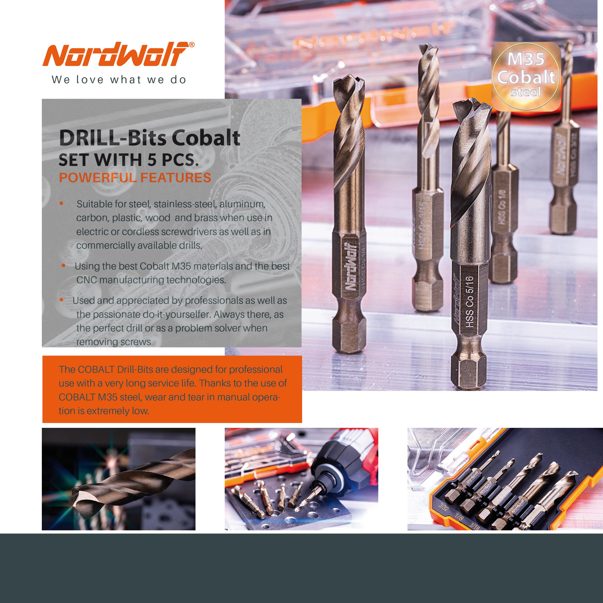 NordWolf M35 cobalt stubby bit with 1/4 inch hex shank for quick chuck changes