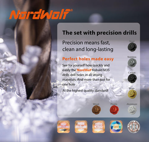NordWolf M35 cobalt stubby bits drilling stainless steel in a lab-style test