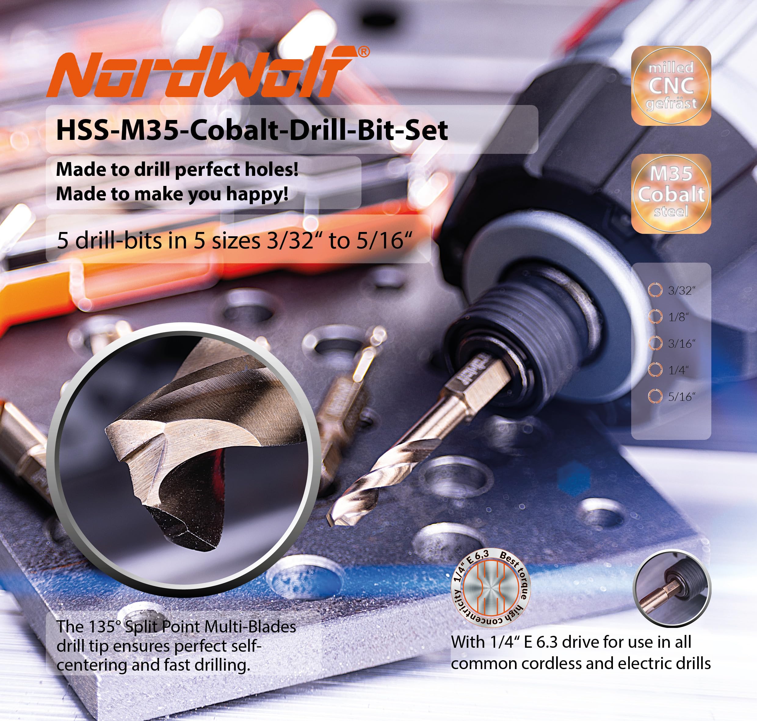 NordWolf M35 cobalt stubby bit tip detail showing 135° split point for precise starts