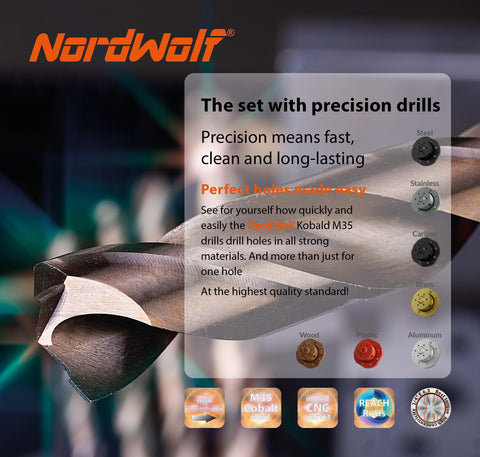 NordWolf cobalt bits in a quick-change chuck for fast bit changes.