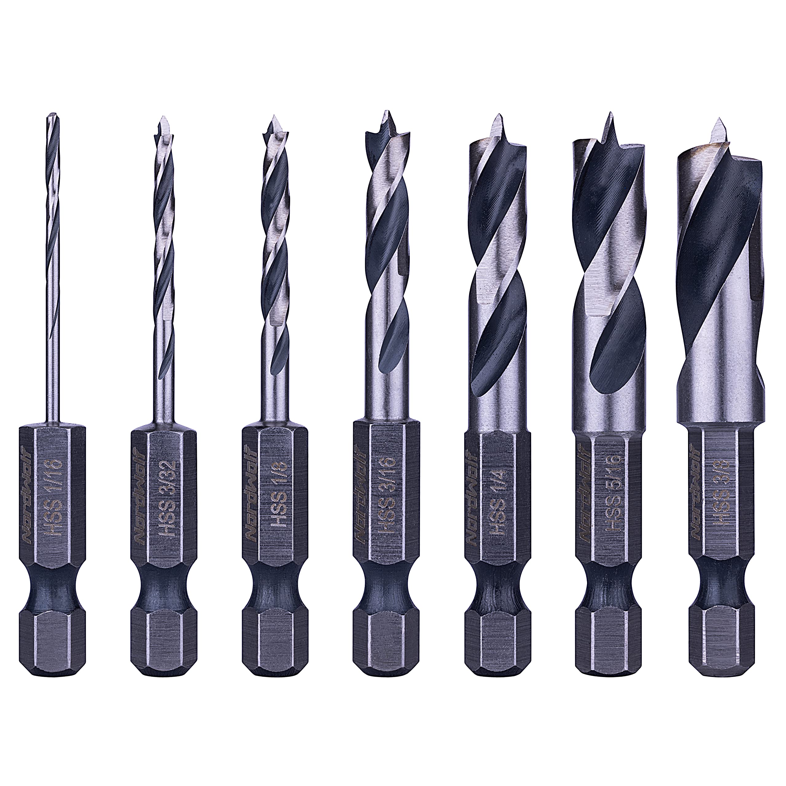 NordWolf seven-piece HSS Brad Point Stubby Set enables precise drilling in tight spots