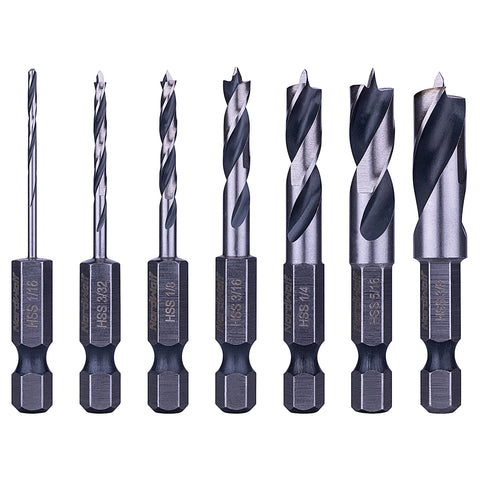 NordWolf seven-piece HSS Brad Point Stubby Set enables precise drilling in tight spots