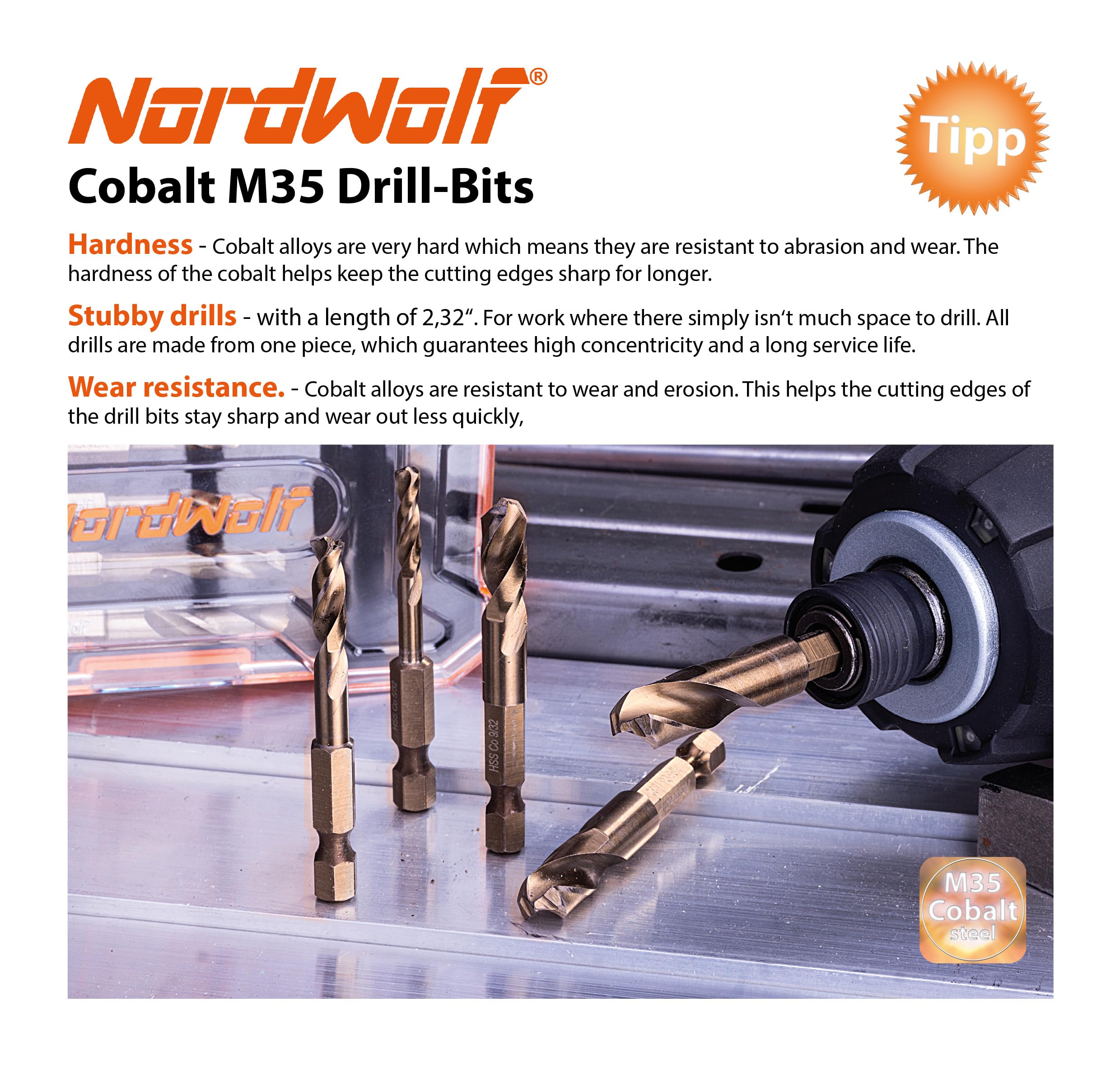 NordWolf stubby drill bit used on stainless steel for durable performance.