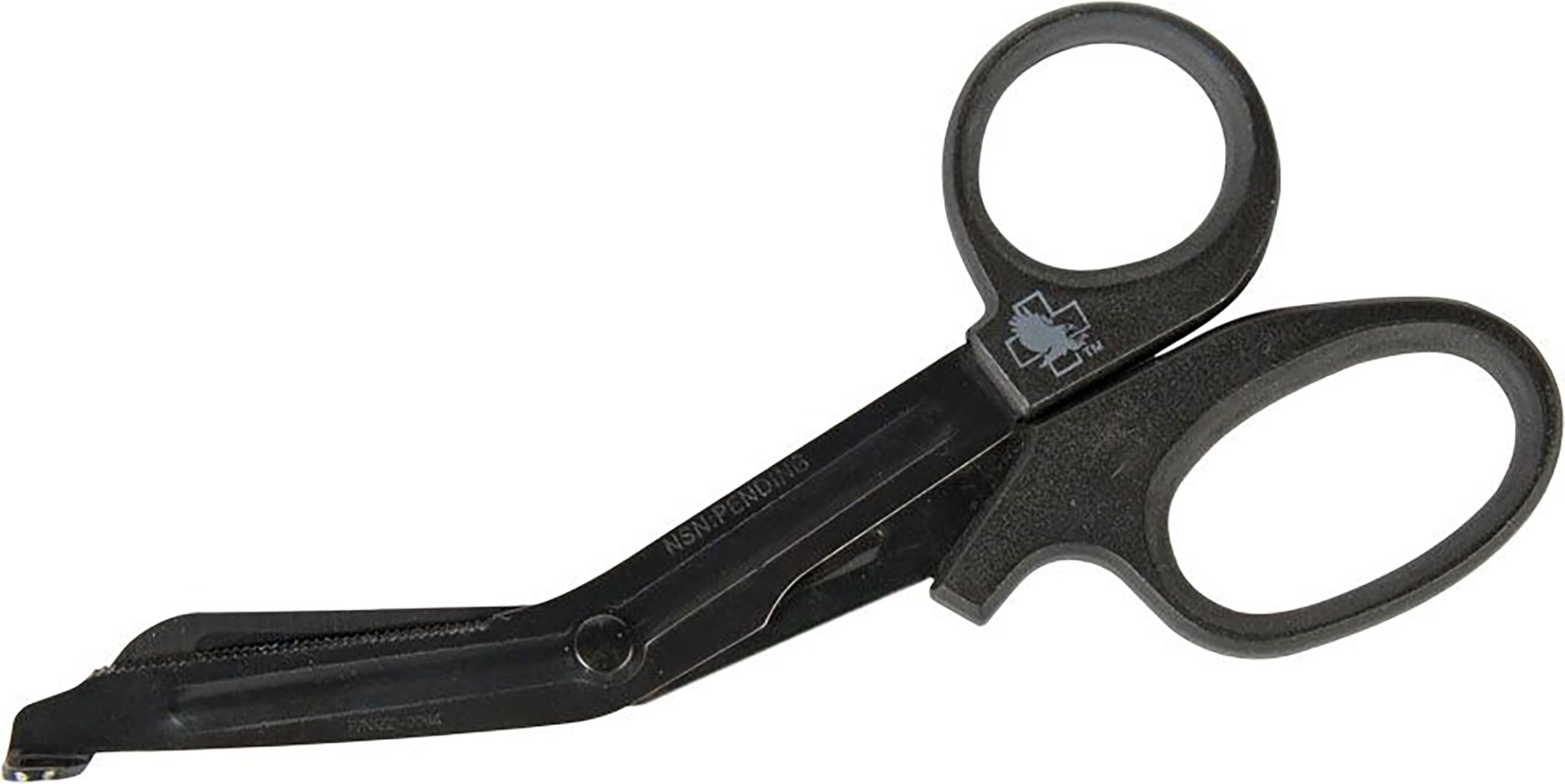 North American Rescue trauma shear closeup blade with serrated edge for fast cuts.