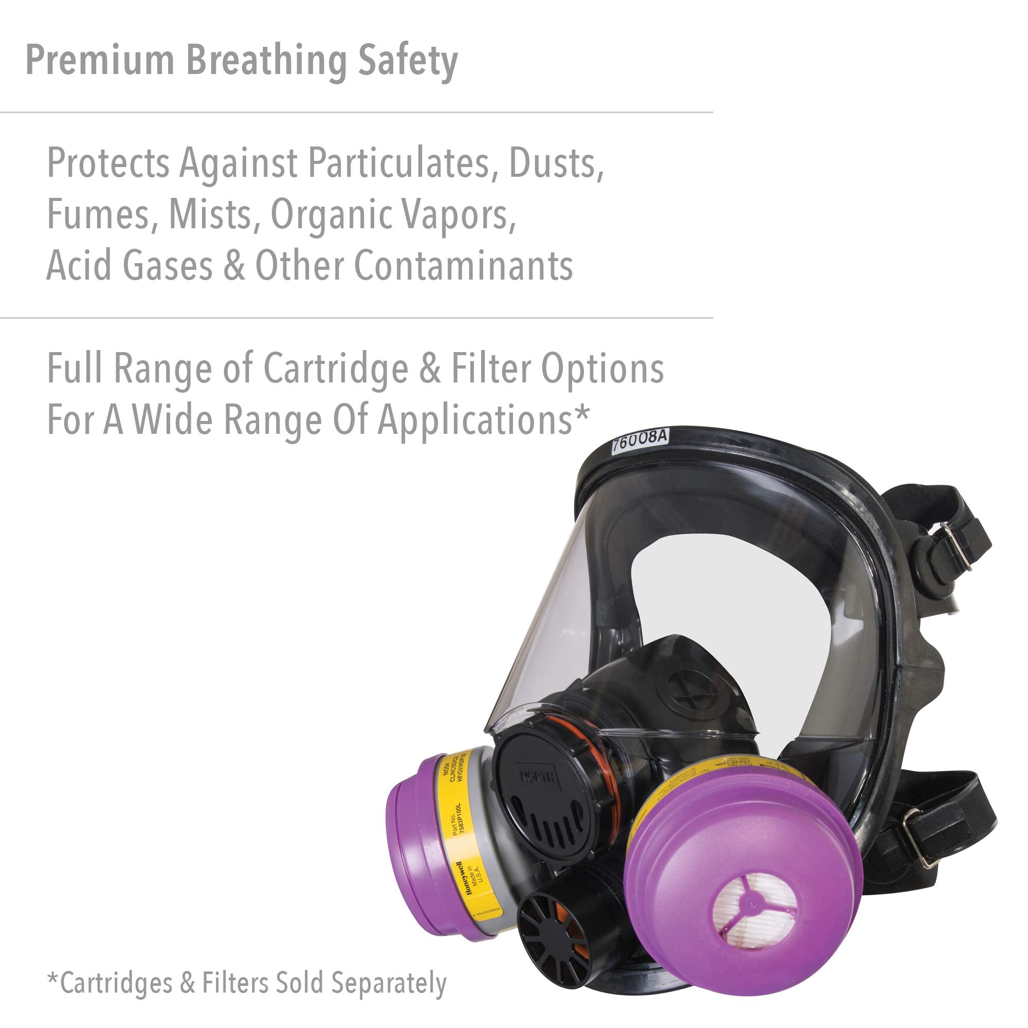 NORTH Honeywell 7600 full facepiece side view demonstrates compact fit and accessible cartridge connections