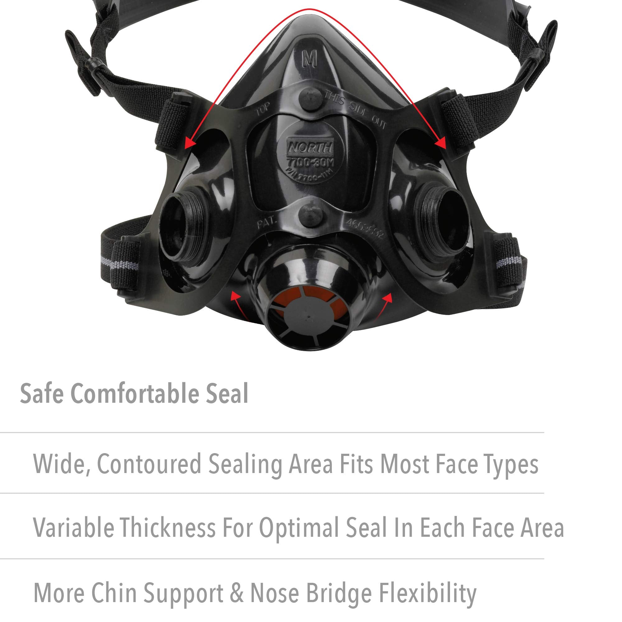 NORTH Honeywell 7700 lower headstraps stretch for comfortable wear without pulling.