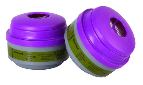 NORTH P100 cartridges in use with half-mask for respiratory protection in work environments.