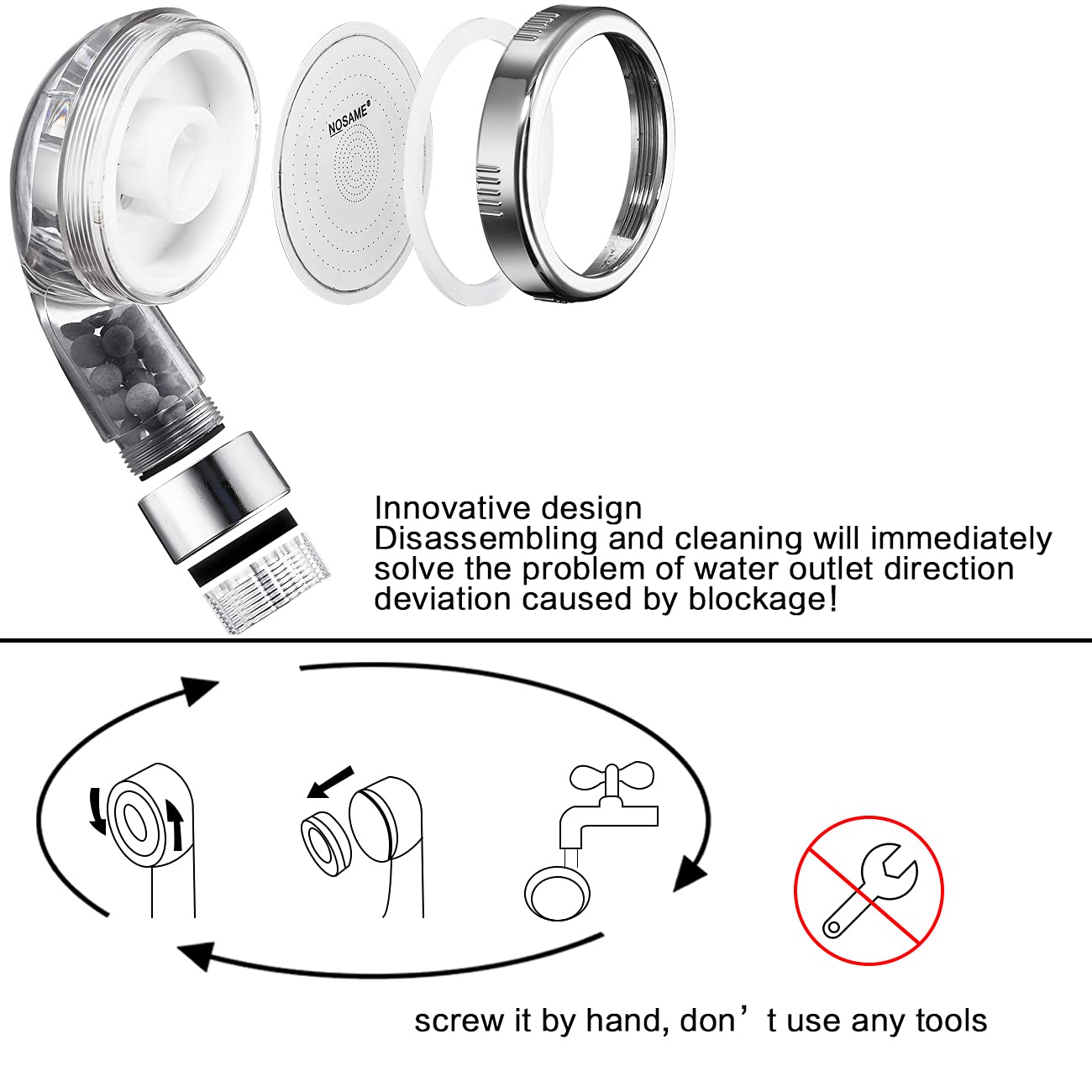 Nosame shower head 3-mode selector offers rainfall, massage, and jet options.