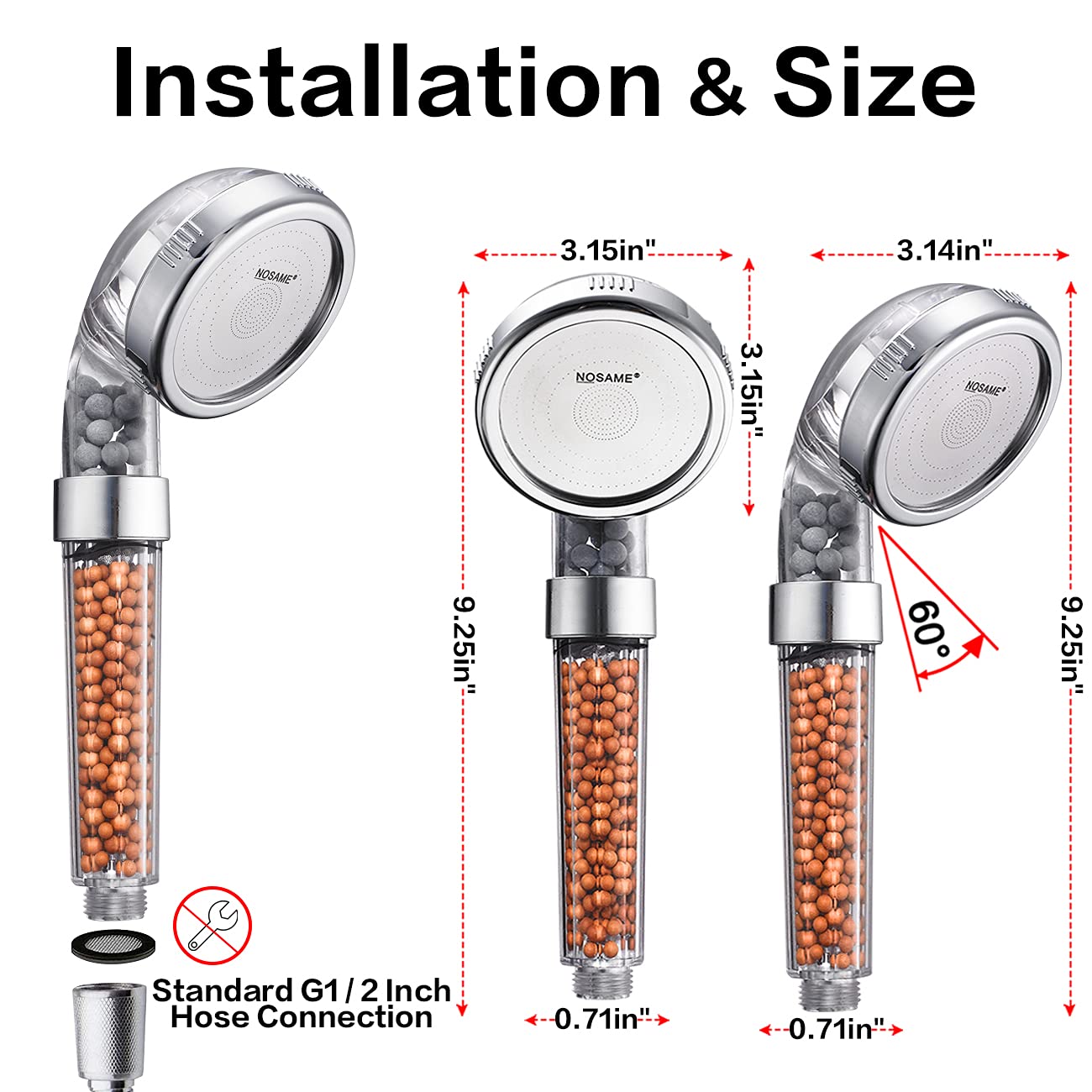 Nosame shower head transparent body shows filter access and easy maintenance.