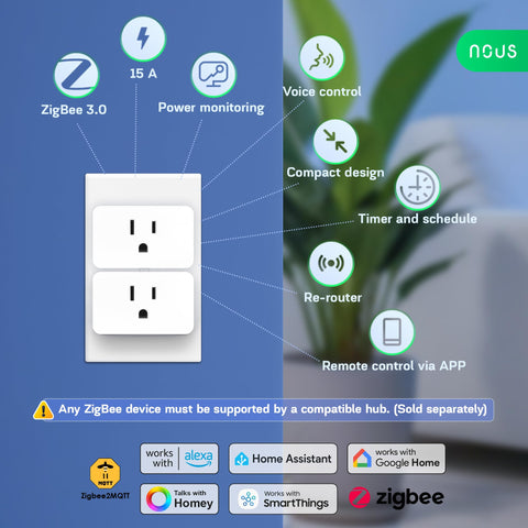 NOUS ZigBee Smart Plug energy monitoring shows real-time consumption for savings.