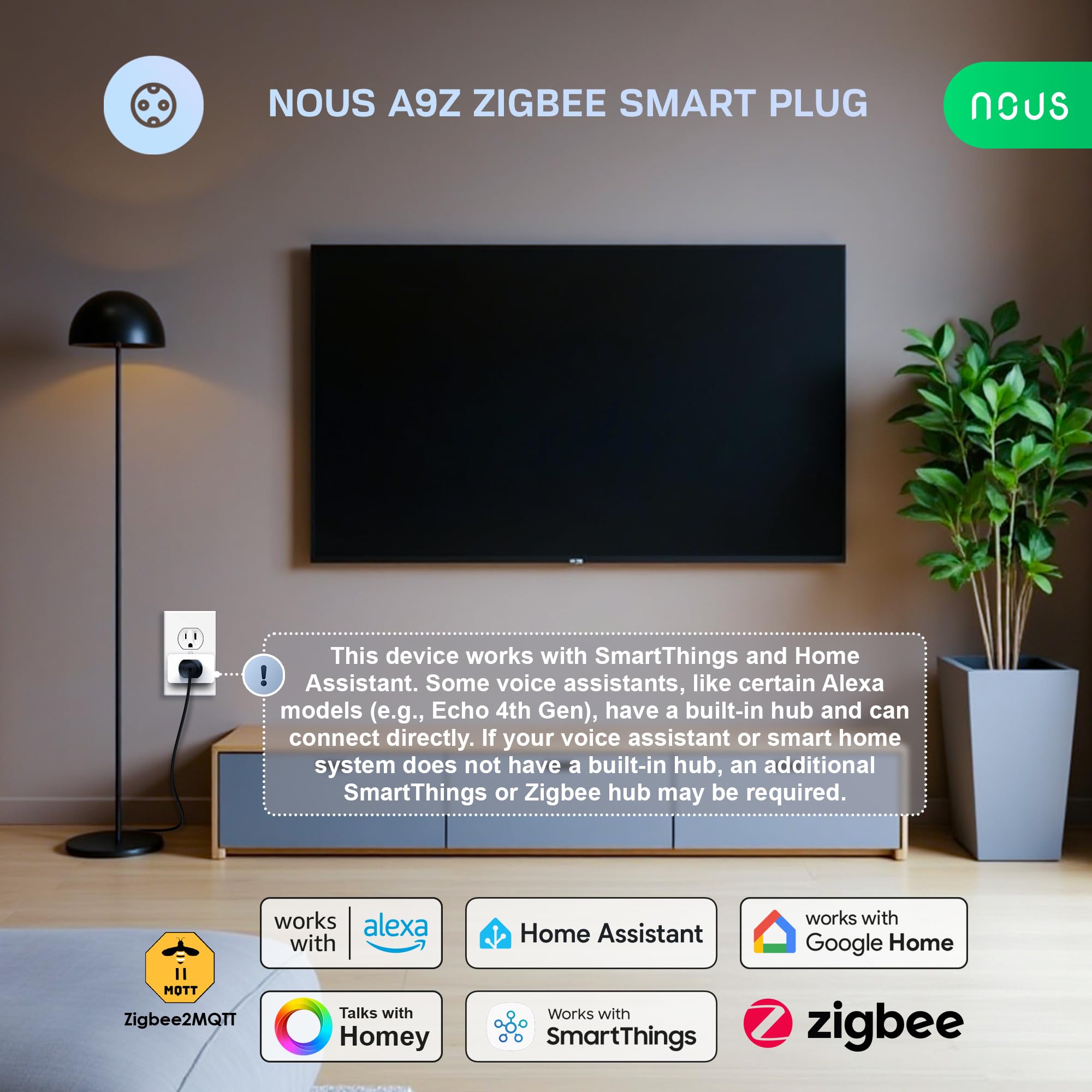 NOUS ZigBee Smart Plug enables scheduling for lights and devices.