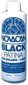 Novacan Black Patina for Solder bottle highlighting enhanced contrast on solder joints.