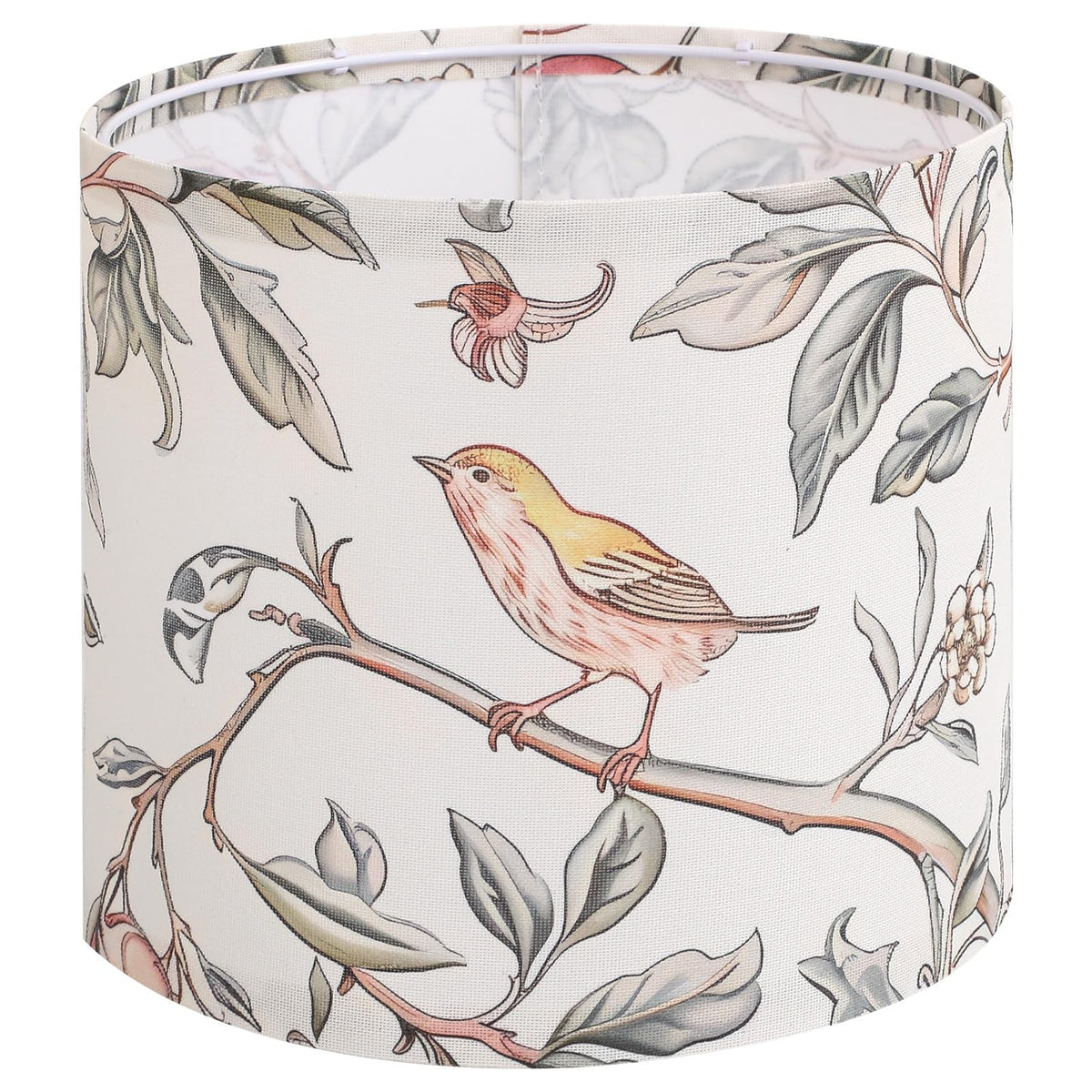 Novantl linen drum lampshade with bird pattern adds soft, nature-inspired glow.