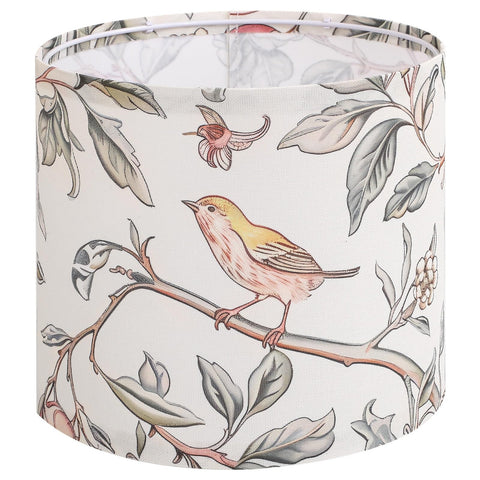 Novantl linen drum lampshade with bird pattern adds soft, nature-inspired glow.
