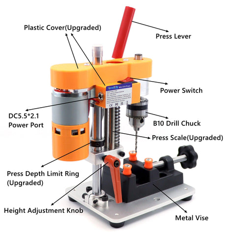 NovelLife Mini Drill Press motor detail emphasizes high torque up to 7000 RPM.