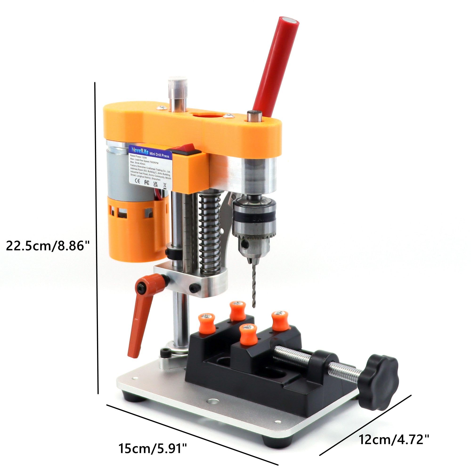 NovelLife Mini Drill Press side view highlights sturdy metal frame for accurate drilling.