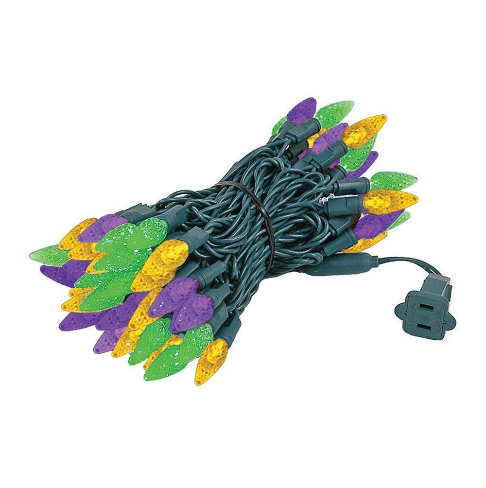 Close-up of Novelty Lights 70 LED Mardi Gras bulbs showing vibrant color.