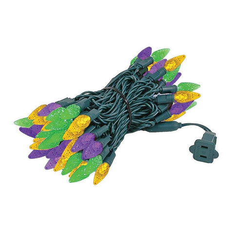 Close-up of Novelty Lights 70 LED Mardi Gras bulbs showing vibrant color.