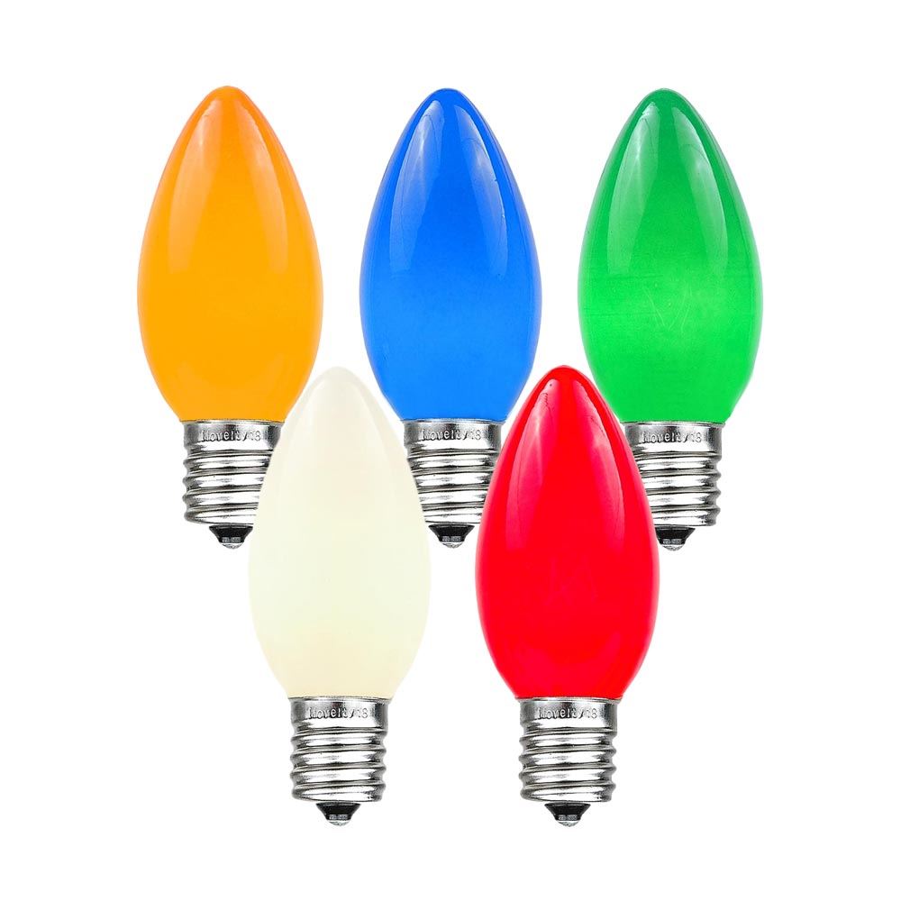 Novelty Lights C9 ceramic outdoor bulbs illuminate a house with warm festive glow