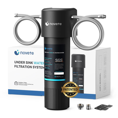 NOVETE under-sink water filter 6-stage assembly improves tap water quality.