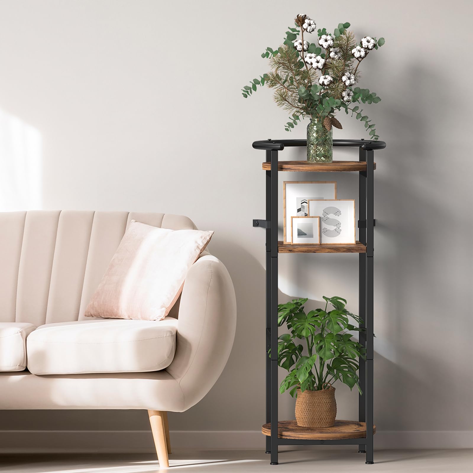 Two round shelves on NOVIMANGO wood stand for cups and accessories