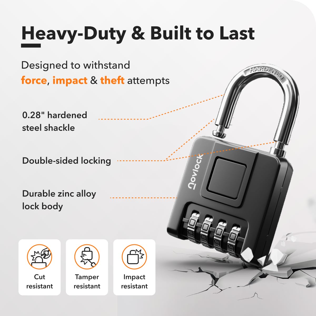 NovLock front-facing dials provide quick code entry without bending.