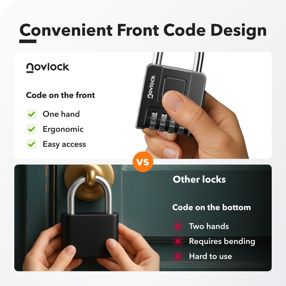 NovLock hardened steel double shackle highlights strong security features.